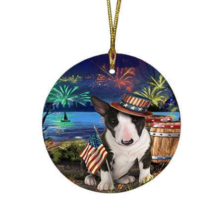 4th of July Independence Day Fireworks Bull Terrier Dog at the Lake Round Flat Christmas Ornament RFPOR51107