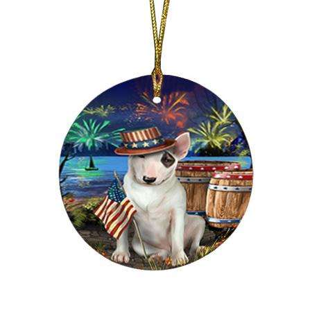 4th of July Independence Day Fireworks Bull Terrier Dog at the Lake Round Flat Christmas Ornament RFPOR51108