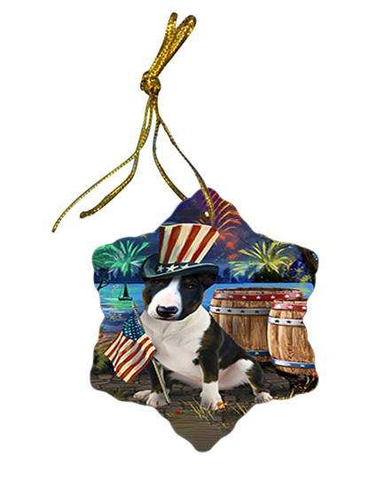 4th of July Independence Day Fireworks Bull Terrier Dog at the Lake Star Porcelain Ornament SPOR51105
