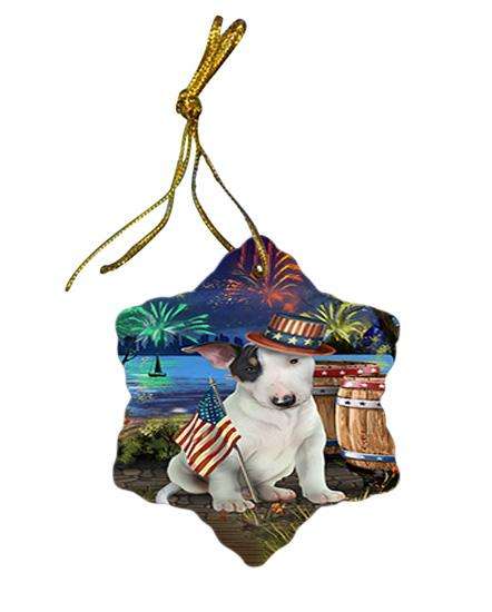 4th of July Independence Day Fireworks Bull Terrier Dog at the Lake Star Porcelain Ornament SPOR51106
