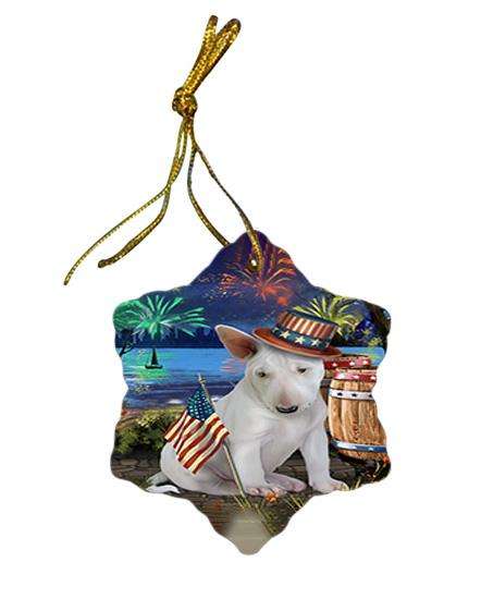 4th of July Independence Day Fireworks Bull Terrier Dog at the Lake Star Porcelain Ornament SPOR51107