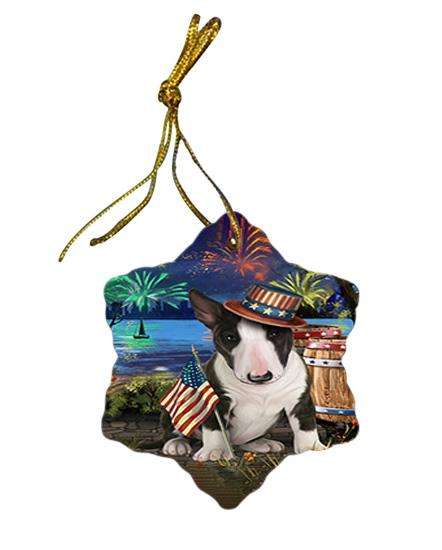 4th of July Independence Day Fireworks Bull Terrier Dog at the Lake Star Porcelain Ornament SPOR51108