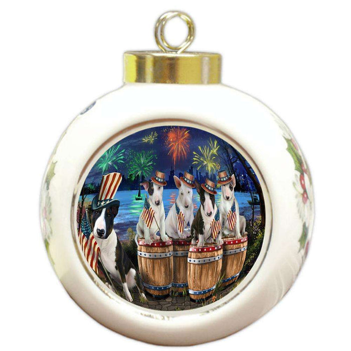 4th of July Independence Day Fireworks Bull Terriers at the Lake Round Ball Christmas Ornament RBPOR51020