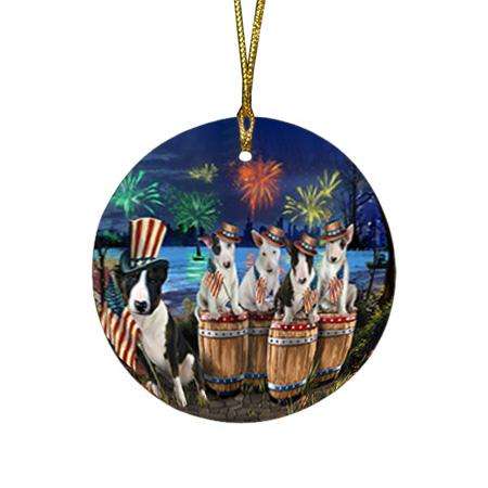 4th of July Independence Day Fireworks Bull Terriers at the Lake Round Flat Christmas Ornament RFPOR51011