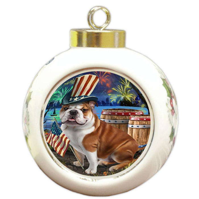 4th of July Independence Day Fireworks Bulldog at the Lake Round Ball Christmas Ornament RBPOR50937