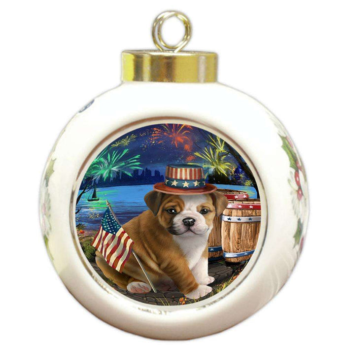 4th of July Independence Day Fireworks Bulldog at the Lake Round Ball Christmas Ornament RBPOR50938