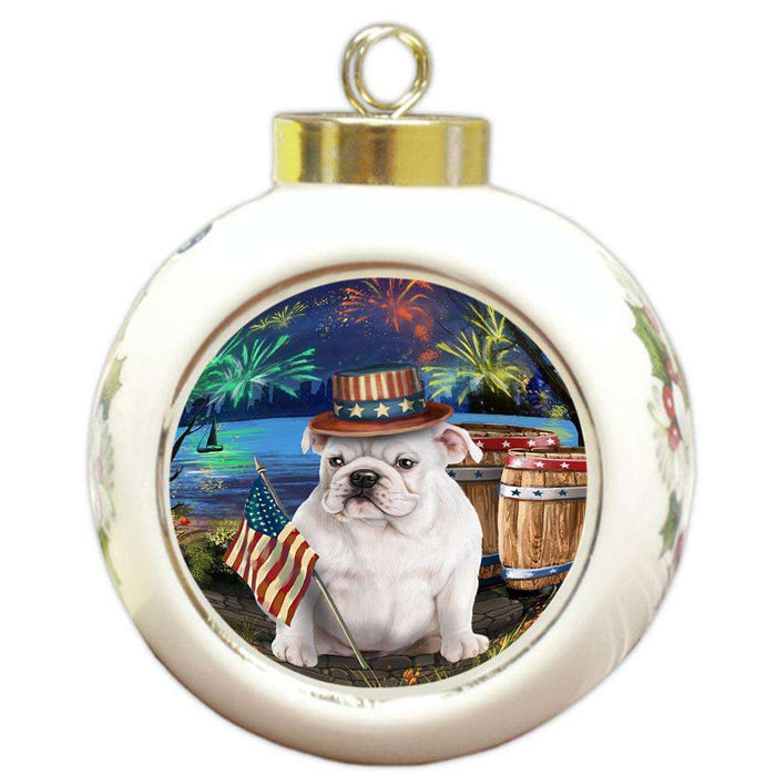 4th of July Independence Day Fireworks Bulldog at the Lake Round Ball Christmas Ornament RBPOR50939