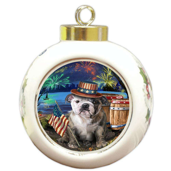4th of July Independence Day Fireworks Bulldog at the Lake Round Ball Christmas Ornament RBPOR50940