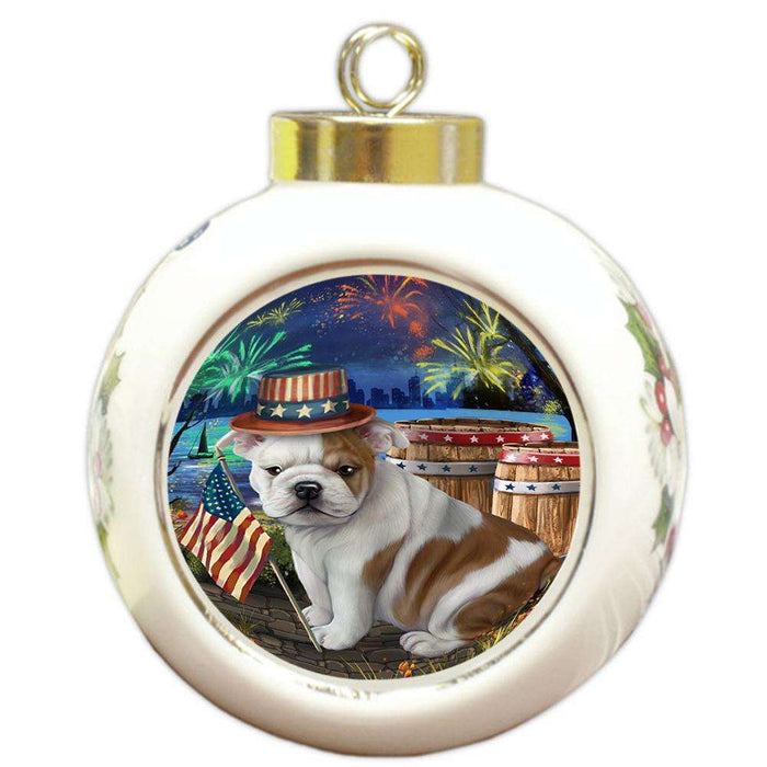 4th of July Independence Day Fireworks Bulldog at the Lake Round Ball Christmas Ornament RBPOR50941