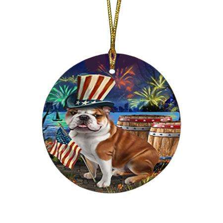 4th of July Independence Day Fireworks Bulldog at the Lake Round Flat Christmas Ornament RFPOR50928