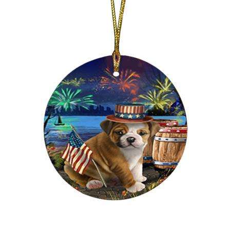 4th of July Independence Day Fireworks Bulldog at the Lake Round Flat Christmas Ornament RFPOR50929