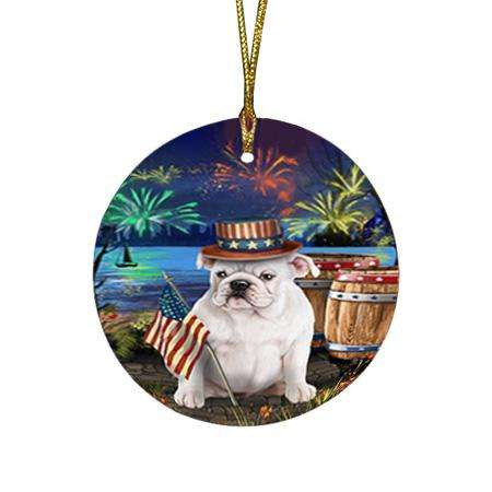 4th of July Independence Day Fireworks Bulldog at the Lake Round Flat Christmas Ornament RFPOR50930