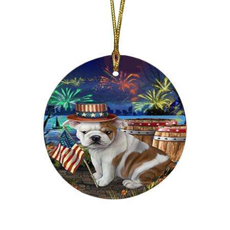 4th of July Independence Day Fireworks Bulldog at the Lake Round Flat Christmas Ornament RFPOR50932