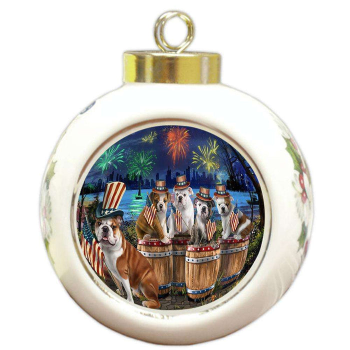 4th of July Independence Day Fireworks Bulldogs at the Lake Round Ball Christmas Ornament RBPOR51021