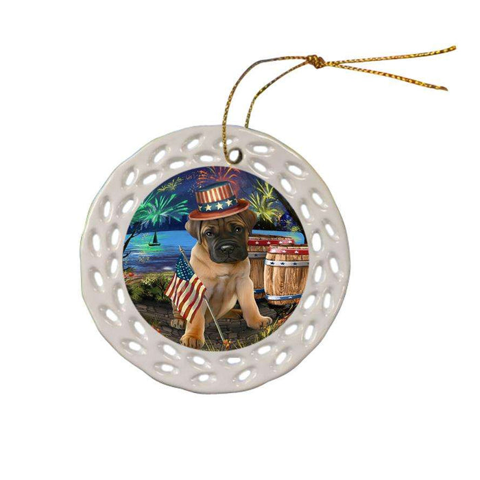 4th of July Independence Day Fireworks Bullmastiff Dog at the Lake Ceramic Doily Ornament DPOR50942