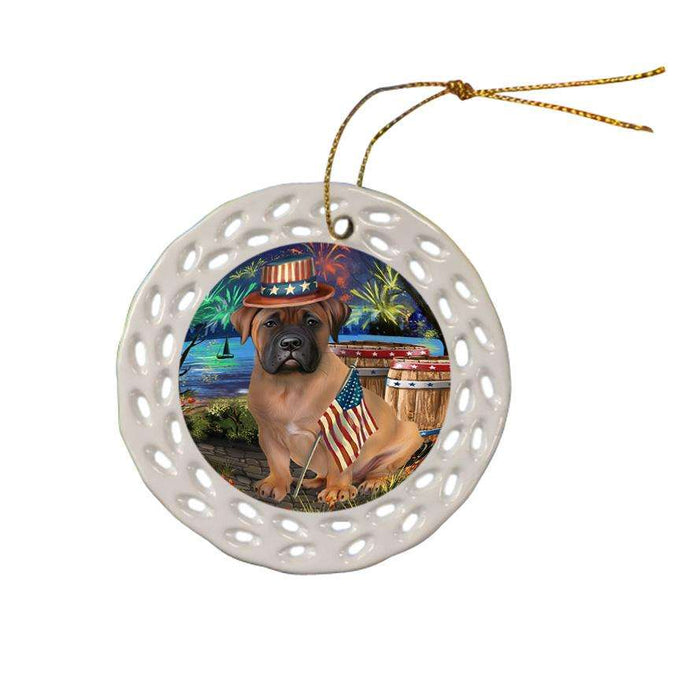 4th of July Independence Day Fireworks Bullmastiff Dog at the Lake Ceramic Doily Ornament DPOR50943