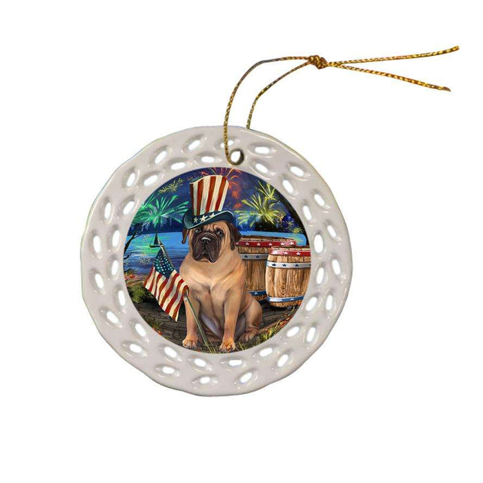 4th of July Independence Day Fireworks Bullmastiff Dog at the Lake Ceramic Doily Ornament DPOR50944