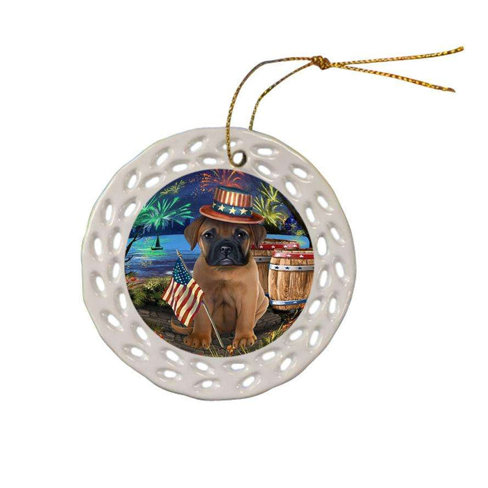 4th of July Independence Day Fireworks Bullmastiff Dog at the Lake Ceramic Doily Ornament DPOR50946