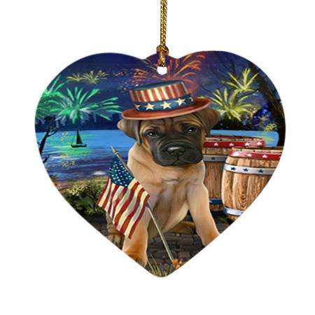4th of July Independence Day Fireworks Bullmastiff Dog at the Lake Heart Christmas Ornament HPOR50942