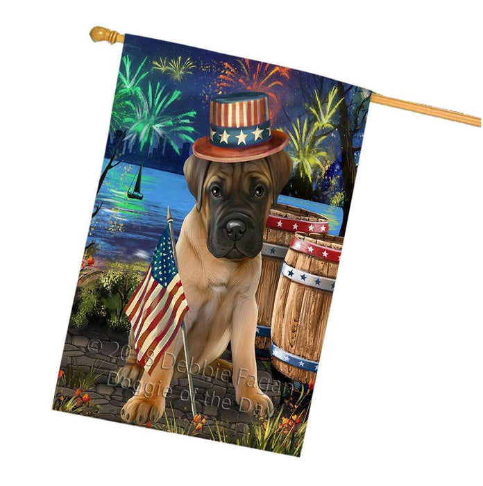 4th of July Independence Day Fireworks  Bullmastiff Dog at the Lake House Flag FLG51000