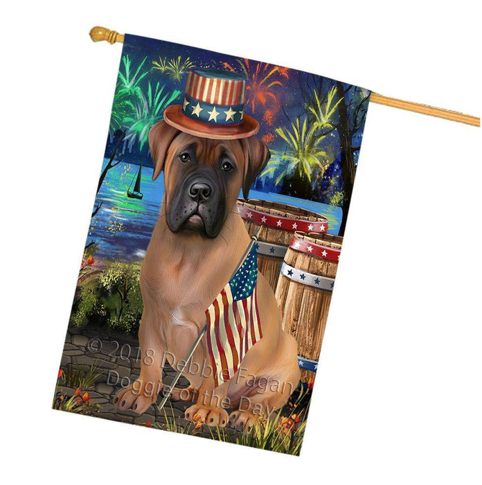 4th of July Independence Day Fireworks  Bullmastiff Dog at the Lake House Flag FLG51001