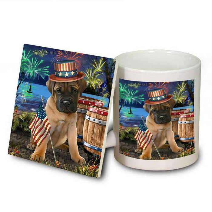 4th of July Independence Day Fireworks Bullmastiff Dog at the Lake Mug and Coaster Set MUC50934