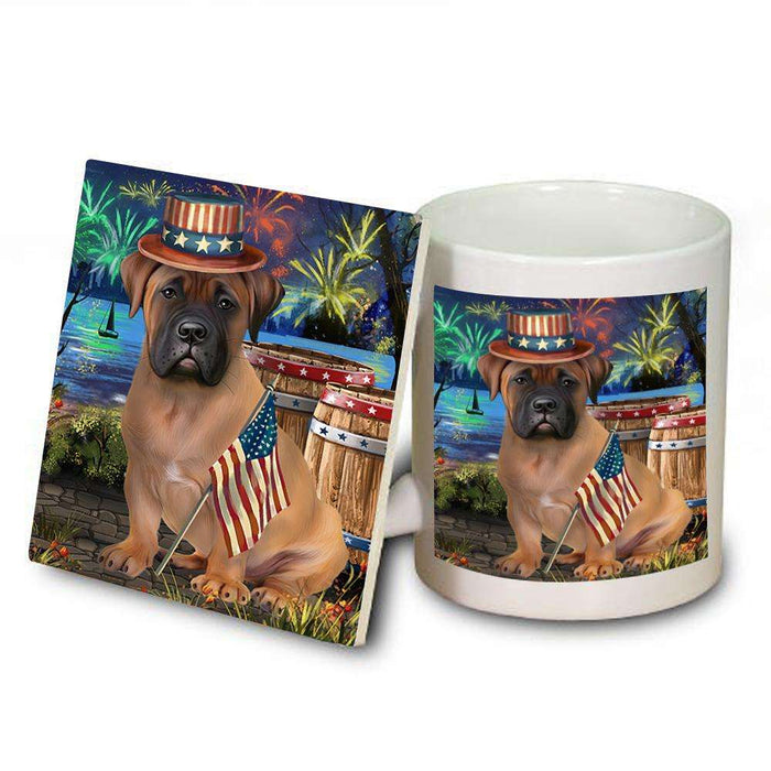 4th of July Independence Day Fireworks Bullmastiff Dog at the Lake Mug and Coaster Set MUC50935