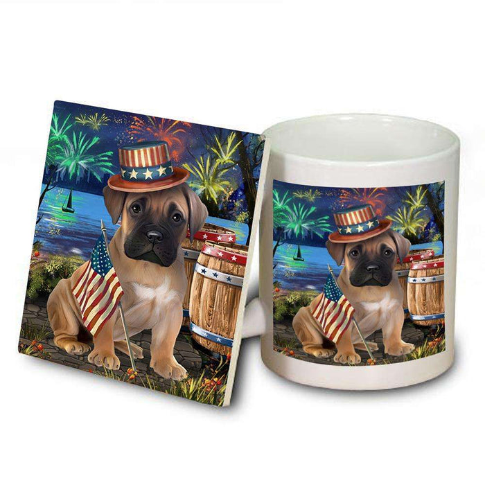 4th of July Independence Day Fireworks Bullmastiff Dog at the Lake Mug and Coaster Set MUC50937