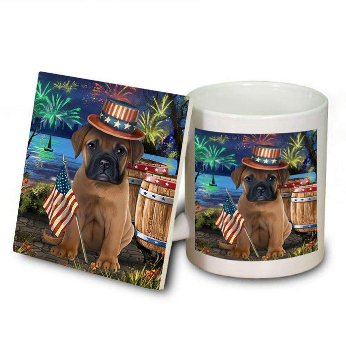 4th of July Independence Day Fireworks Bullmastiff Dog at the Lake Mug and Coaster Set MUC50938
