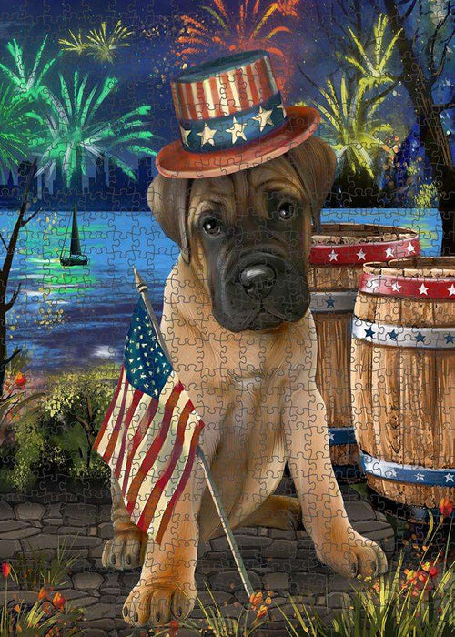 4th of July Independence Day Fireworks Bullmastiff Dog at the Lake Puzzle with Photo Tin PUZL56688