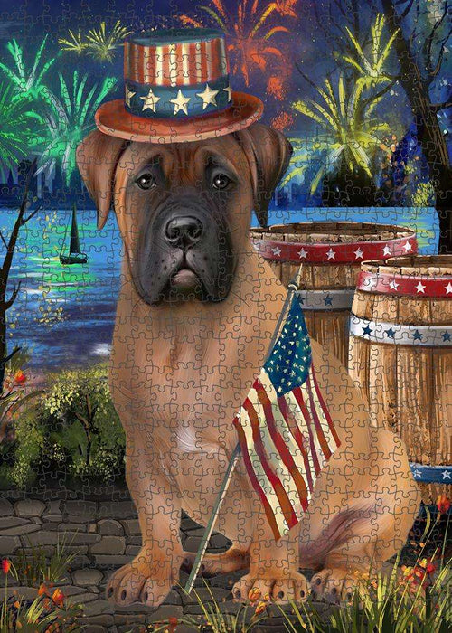 4th of July Independence Day Fireworks Bullmastiff Dog at the Lake Puzzle with Photo Tin PUZL56691