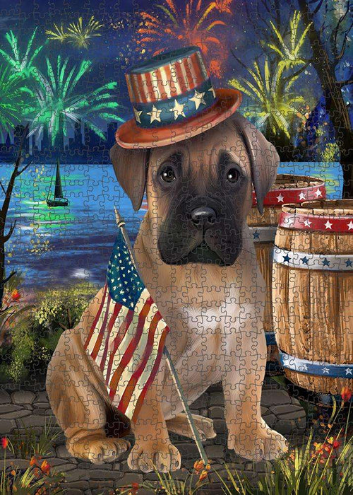 4th of July Independence Day Fireworks Bullmastiff Dog at the Lake Puzzle with Photo Tin PUZL56697