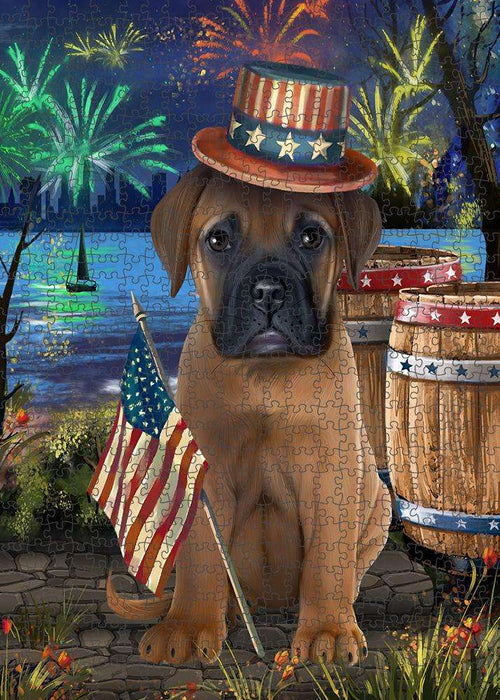 4th of July Independence Day Fireworks Bullmastiff Dog at the Lake Puzzle with Photo Tin PUZL56700