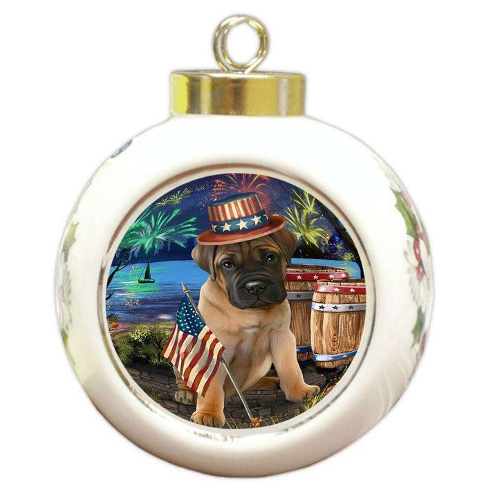 4th of July Independence Day Fireworks Bullmastiff Dog at the Lake Round Ball Christmas Ornament RBPOR50942