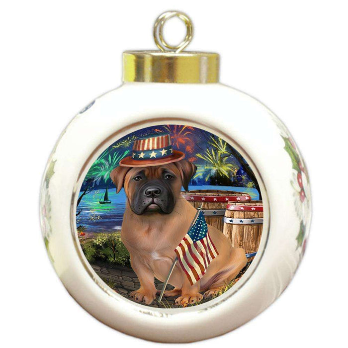 4th of July Independence Day Fireworks Bullmastiff Dog at the Lake Round Ball Christmas Ornament RBPOR50943