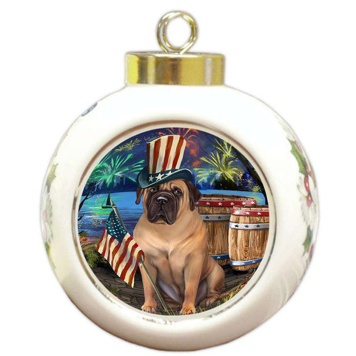 4th of July Independence Day Fireworks Bullmastiff Dog at the Lake Round Ball Christmas Ornament RBPOR50944