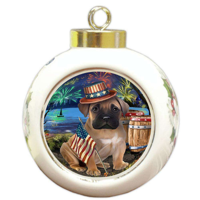 4th of July Independence Day Fireworks Bullmastiff Dog at the Lake Round Ball Christmas Ornament RBPOR50945