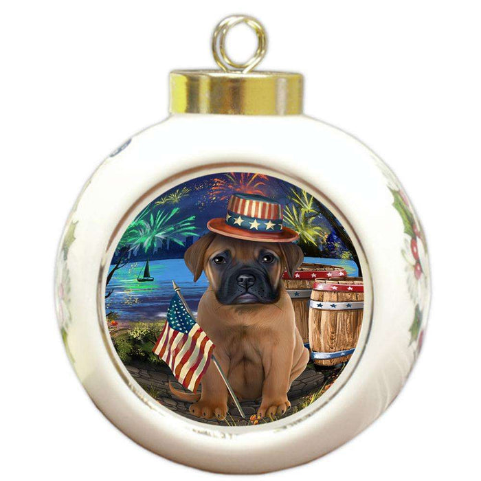 4th of July Independence Day Fireworks Bullmastiff Dog at the Lake Round Ball Christmas Ornament RBPOR50946