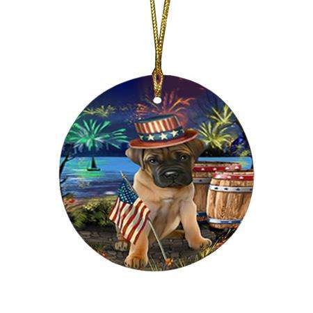 4th of July Independence Day Fireworks Bullmastiff Dog at the Lake Round Flat Christmas Ornament RFPOR50933
