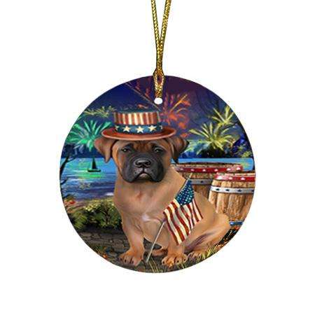 4th of July Independence Day Fireworks Bullmastiff Dog at the Lake Round Flat Christmas Ornament RFPOR50934