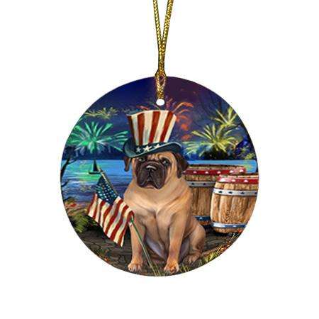 4th of July Independence Day Fireworks Bullmastiff Dog at the Lake Round Flat Christmas Ornament RFPOR50935