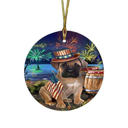4th of July Independence Day Fireworks Bullmastiff Dog at the Lake Round Flat Christmas Ornament RFPOR50936