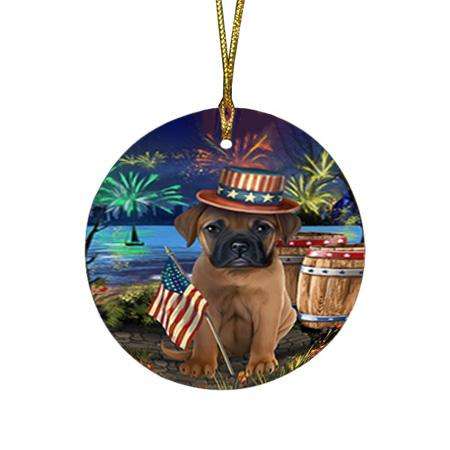 4th of July Independence Day Fireworks Bullmastiff Dog at the Lake Round Flat Christmas Ornament RFPOR50937