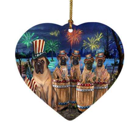 4th of July Independence Day Fireworks Bullmastiffs at the Lake Heart Christmas Ornament HPOR51022