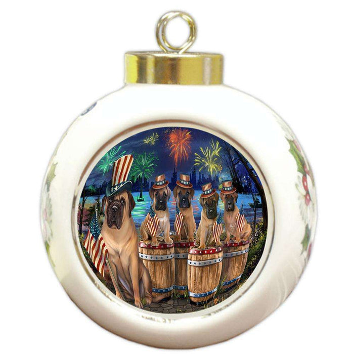 4th of July Independence Day Fireworks Bullmastiffs at the Lake Round Ball Christmas Ornament RBPOR51022