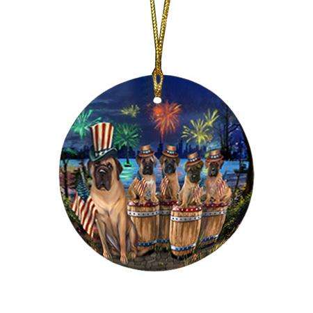 4th of July Independence Day Fireworks Bullmastiffs at the Lake Round Flat Christmas Ornament RFPOR51013