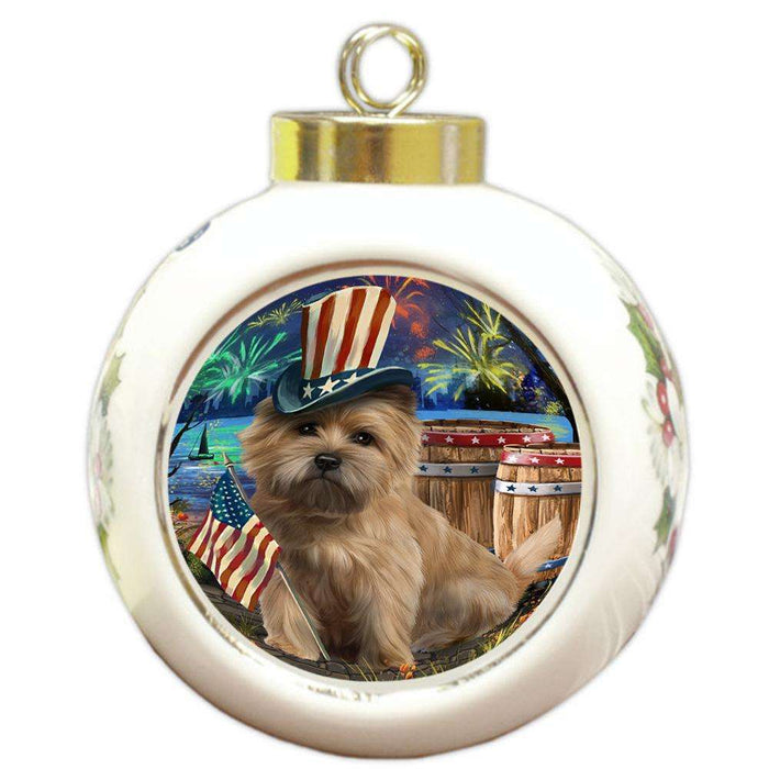 4th of July Independence Day Fireworks Cairn Terrier Dog at the Lake Round Ball Christmas Ornament RBPOR50947