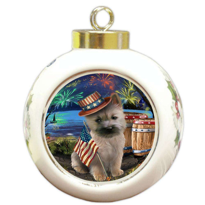 4th of July Independence Day Fireworks Cairn Terrier Dog at the Lake Round Ball Christmas Ornament RBPOR50949
