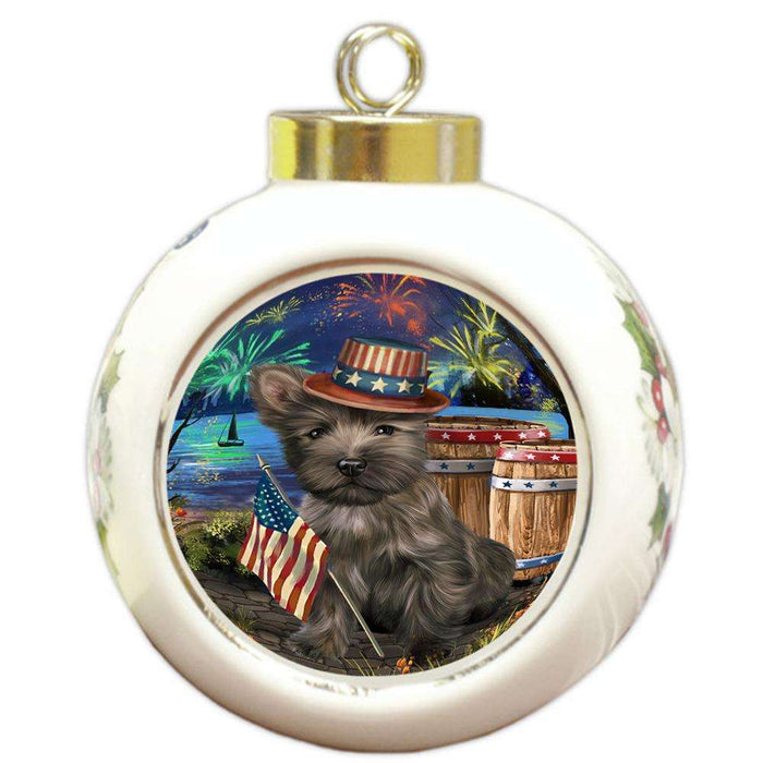 4th of July Independence Day Fireworks Cairn Terrier Dog at the Lake Round Ball Christmas Ornament RBPOR50950