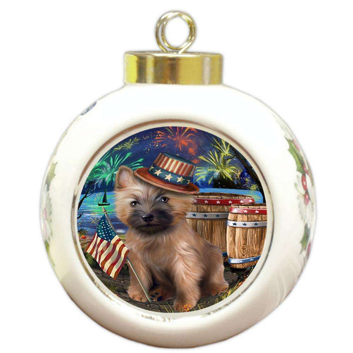 4th of July Independence Day Fireworks Cairn Terrier Dog at the Lake Round Ball Christmas Ornament RBPOR50951